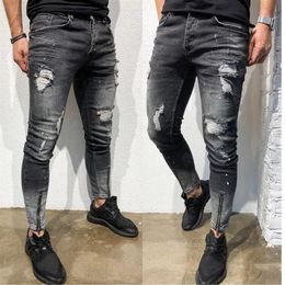 Mens Stylish Ripped Skinny Slim Jeans Fashion Designer Washed Zipper Panelled Biker Straight Frayed Stretch Denim Pants Streetwear217Q