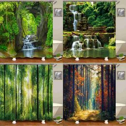 Shower Curtains Modern 3D Printing Forest Shower Curtain Green Plant Tree Landscape Bath Curtain With For Bathroom waterproof scenery R230829