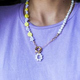 Chains 2023 Fashion Women Bohemian Snap Hook Beads Flower Pendant Cute Lemon Flowers Pearls Splicing Necklace Summer