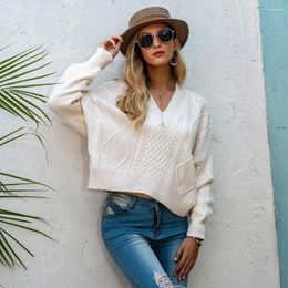 Women's Sweaters 2023 Autumn And Winter European American Solid Colour V-neck Pullover Sweater Loose Back Strap Short Top Trendy