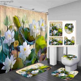 Shower Curtains lotus Flower Print Shower Curtain Chinese style Waterproof Bathroom Curtains Home Decoration Non-Slip Rugs Bath Mat Set R230822