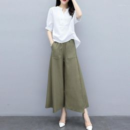Women's Two Piece Pants Cotton Linen Suits Women Clothing Short Sleeve Tops Loose Korean Thin Elastic Waist Wide-leg Lady Two-piece Sets