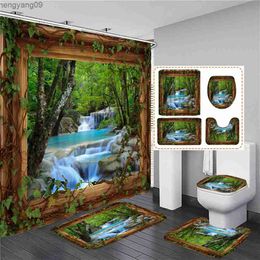 Shower Curtains Waterfall Forest landscape Print Shower Curtain Bathroom Curtains Set Non-Slip Carpet Lid Cover Bath Mats Rugs Home Decor R230822