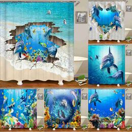 Shower Curtains Shower Curtains Ocean Dolphin Sea World Animal Waterproof Fabric Bathroom Shower Curtain Cute Fishes large Size 240X180 Screen R230829