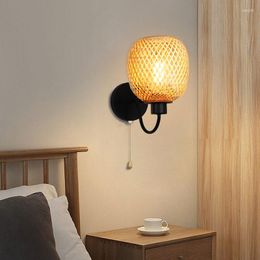 Southeast Asian Bamboo wall lamps for bedroom with Zipper Switch for Bedroom, Bedside, Aisle, and Background - Chinese Style Cage Design