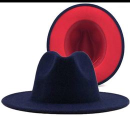 Simple Navy with Red Bottom Patchwork Panama Wool Felt Jazz Fedora Hats Women Men Wide Brim Party Cowboy Trilby Gambler Hat305O