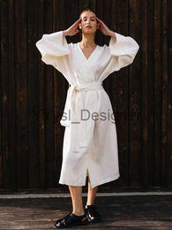 Hiloc White Green Cotton Robe Women's Kimono Long Sleeve Night Dress Women Gown For Ladies Mid-Calf Loose Bathrobe Female 2023 x0822