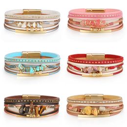 Charm Bracelets Bohemian Summer Fashion Leather Bracelet for Women Irregular Natural Stone Bead String Magnet Buckle Female Femmes 230821