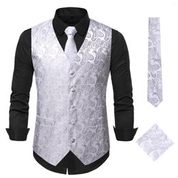 Men's Vests Fashion Sunflower Retro Single Breasted Vest Suit Tie Square Scarf Set Luxury Silk Mens Red Embroidered Waistcoat