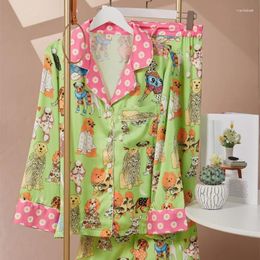 Женская одежда для сна шелк пижамы Женские Собаки Модные Собаки Принт пижама набор дамы милые зеленые длинные пижам