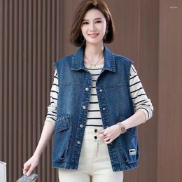 Women's Vests S-5XL Oversize Denim Vest For Women Turn Down Collar Sleeveless Pockets Casual Waistcoat Spring Autumn Loose Solid Jackets