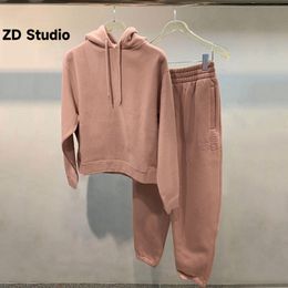 Women's Hoodies Sweatshirts ZD Studio Basic alphabet print drawstring hoods dirty Pink Plush Pants Set 2023 Autumn 230822