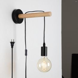 Wall Lamp Plug In Sconces With Natural Wood Arm Black Mounted Lights Fixtur For Living Room Bedroom Bedside Hallways