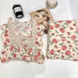 Women's Sleepwear Summe Gauze Cotton Sweet Kimono Pyjamas Lapel Floral Cute Printing Loose Loungewear Women 2 Piece