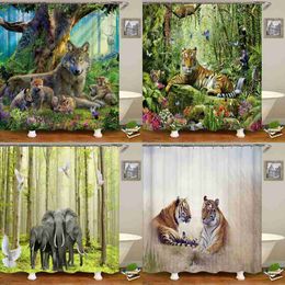 Shower Curtains 3D Wolf Deer Tiger Bear Animal Printed Fabric Shower Curtains Bathroom Curtain Bath Screen Waterproof Home Decor with R230829