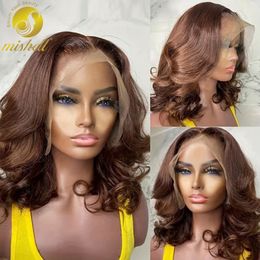 Synthetic Wigs 4# Chocolate Brown Body Wave Short Bob Wig 13x4 Lace Frontal Human Hair For Women Natural Pre Plucked Remy 230821