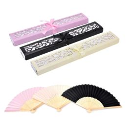 Bamboo Silk Fold hand Fan in Elegant Laser-Cut Gift Box Party Favours Personalised fan wedding Gifts 3 Colours LL