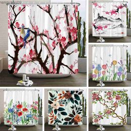 Shower Curtains Blossom Flower Leaves Shower Curtain Watercolour Plant Floral Pattern Waterproof Bathroom Curtain Decor With R230822