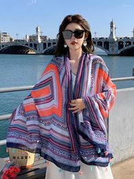 Scarves Summer Elegant Women Silk Scarf Beach Wrap Shawl Vintage Striped Print Lady Sunscreen Bandana Hijab Mujer Bohemian Scarve Pareo