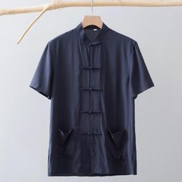 Men's Dress Shirts Men Thin Short Sleeved Shirt Silky Cotton Linen Chinese Style Summer Retro