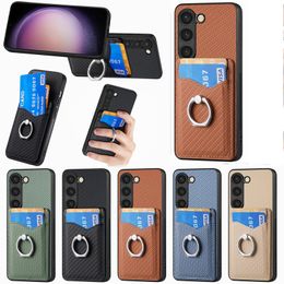 Card Slot Pocket Pack Leather Wallet Cases For Samsung S23 Ultra S22 A04E A14 A32 A33 A34 A53 A54 A73 Carbon Fiber Vertical Metal Finger Ring Holder Card Slot TPU Cover