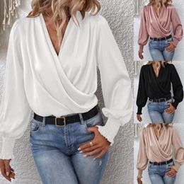 Women's Blouses Womens Solid Color Wrap Top All-matching Shirts Lantern Sleeve Blouse Female Casual V-Neck Shirt For Work Daily