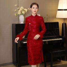 Ethnic Clothing Chinese Bride Wedding Dress Vintage Mandarin Collar Cheongsam Sexy Lace Slim Fitting Mid Length Vestidos Plush Thickened
