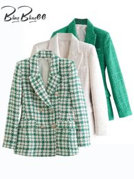 Women's Suits Blazers BlingBlingee Spring Women Casual Traf Tweed Jacket Long Sleeve Double Breasted Green Blazers Thick Female Plaid Coat Tops 230822