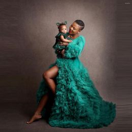 Casual Dresses Elegant Green Tulle Maternity Plus Size For Po Shoot Long Sleeves Front Slit Ruffles Extra Puffy Pregnancy Dress
