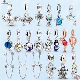 925 silver for pandora charms Jewellery beads Firefly Safety Chain Blue Scaled Fish charms set Pendant DIY Fine Beads Jewellery