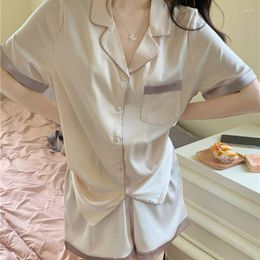 Women's Sleepwear Patchwork Women Pyjama Sets Button Shorts 2 Pieces Piiama Satin Night Wears Summer Pocket Korean Home Suit 2023