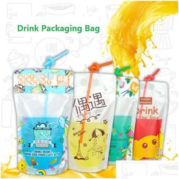 Storage Bags 100Pcs/Lot 500Ml Cute Design Stand Up Plastic Drink Packaging Bag Pouch For Beverage Water Juice Milk Coffee With Hole Ha Dhapy