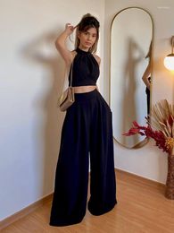 Women's Two Piece Pants Sexy Women Lace Up Crop Top And Wide Leg Sets Slim Backless Sleeveless Tops Female High Waist Loose Trouser Suit