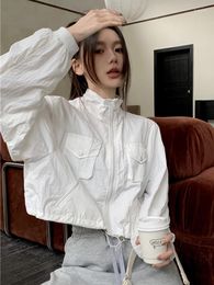 Women's Jackets Y2k Aesthetic Sun Protection Cropped Women Solid Vintage Cargo Coats Personality Loose Pocket Zipper Coat Casacos