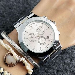 Fashion Brand Women Girls beautiful 3 Dials style Date Calendar Metal steel band Quartz wrist Watch P38250z