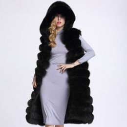 Winter Sleeveless Fluffy Slim Faux Fur Coat with Hooded Female Thick Warm Long Faux Fur Vest Outerwear Jacket