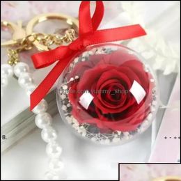 Decorative Flowers Wreaths Eternal Flower Keychain Clear Acrylic Ball Transparent Sphere 5Cm Rose Key Ring Valentines Gift Wedding Otfvq