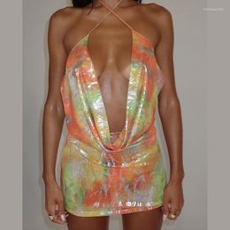 Casual Dresses Bronzing Sexy Stunning Mini Dress Women Halter Backless Bandage Swinging Neck Robe Female Midnight Attractive Party Wear