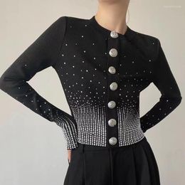 Women's Knits High Quality Women Autumn Vintage Metal Buckle Drill Diamonds O Neck Long-Sleeved Knitted Cardigan Sweater Jacket