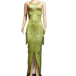 Stage Wear Ladies Dance Costume Green Pattern Printing Split Fork Dress Rhinestones Floor-Length Fringes Nightclub Show