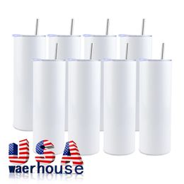 USA CA warehouse 20oz Stainless Steel Double Wall Vacuum White Straight Skinny Sublimation Blanks Tumblers with Straw G0822
