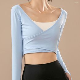 Active Shirts Autumn Yoga Shirt Clothes Women Running Quick-drying Rib Long-sleeved Tight Slim-fit Cross Top