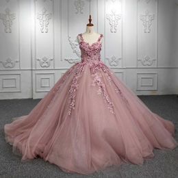 Shiny Pink Sweetheart Quinceanera Dresses Appliques Flower Tull Ball Gown Princess Sweet 16 15 Year Girl vestidos de 15 anos xv