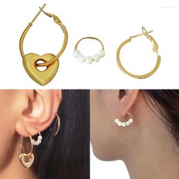 Hoop Earrings Gold Colour Pearl Earring Set For Women Girls Vintage Bead Circle Heart Trend Jewerly Accessories T8DE