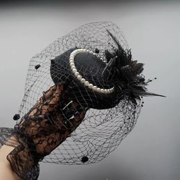 Wide Brim Hats Bucket Bridal Wedding Red Fascinators For Woman Cocktail Church Party Sinamay Feather Veil Headdress Vintage Black Gloves Cap 230822