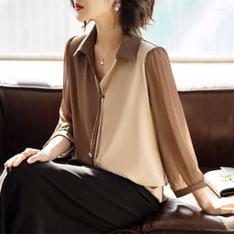 Women's Blouses Office Lady Turn-down Collar Shirt Spring Autumn 3/4 Sleeve Female Clothing Korean Solid Colour Patchwork Fashion Chain