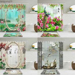 Shower Curtains Chinese style flowers and birds Shower Curtain Set And Rug Waterproof Fabric Bathroom Curtain For Bath Non-slip Mat R230822