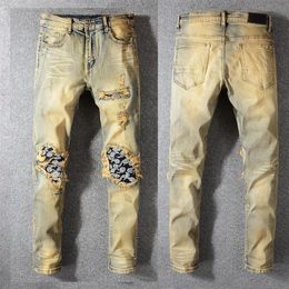 New Italy Style #582# Men's Distressed Dirty Washed Denim Blue Jeans Art Ribs Patches Skinny Pants Slim Trousers Size 28-40200B