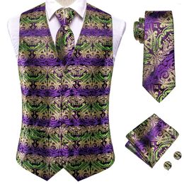 Men's Vests Purple Green Silk Mens Vest Tie Set Jacquard Floral Sleeveless Jacket Waistcoat Necktie Hanky Cufflinks Wedding Office Oversized