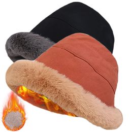 Wide Brim Hats Bucket Fashion Fluffy Fur Hat for Women Winter Thick Warm Soft Plush Fisherman Panama Cap Femme Vintage Lamb Fleece Beanies 230822